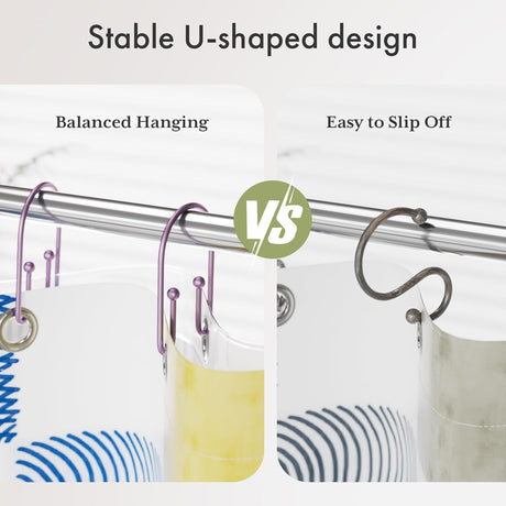 AmazerBath U-Shaped Double Shower Curtain Hooks, Set of 12 in Purple, product detail image.