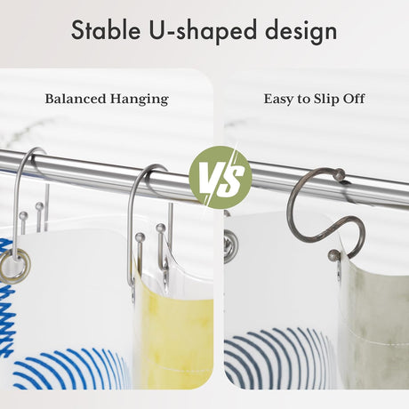 AmazerBath U-Shaped Double Shower Curtain Hooks, Set of 12 in Silver, product detail image.
