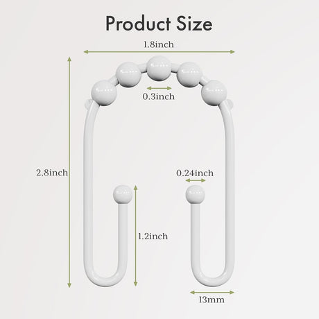 AmazerBath U-Shaped Double Shower Curtain Hooks with Rollers, Set of 12 in White, product detail image.