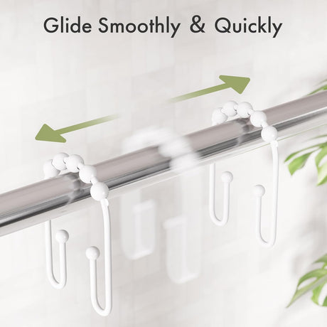 AmazerBath U-Shaped Double Shower Curtain Hooks with Rollers, Set of 12 in White, product detail image.