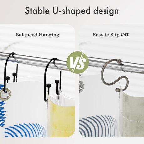 AmazerBath U-Shaped Cylinder Shower Curtain Hooks, Set of 12 in Black, product detail image.
