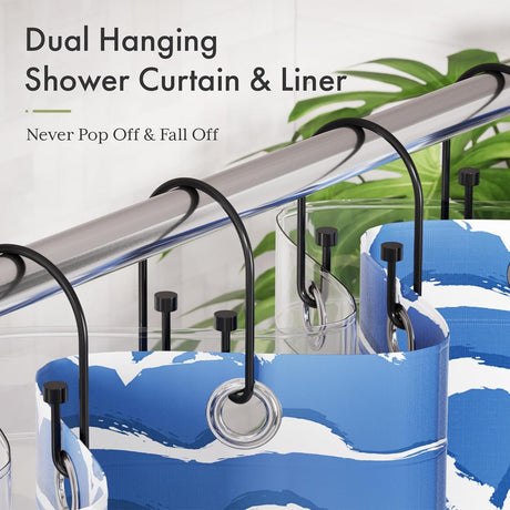 AmazerBath U-Shaped Cylinder Shower Curtain Hooks, Set of 12 in Black, product detail image.