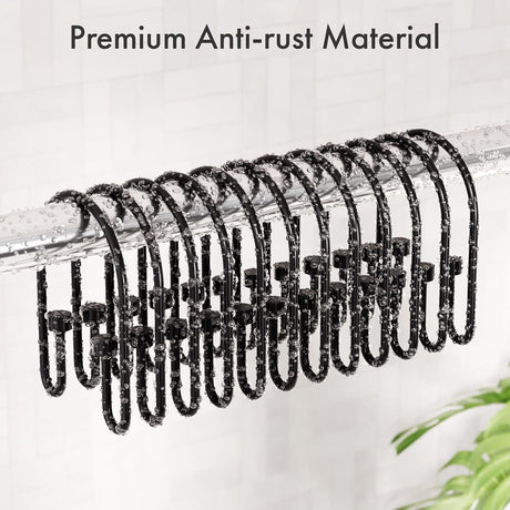 AmazerBath U-Shaped Cylinder Shower Curtain Hooks, Set of 12 in Black, product detail image.