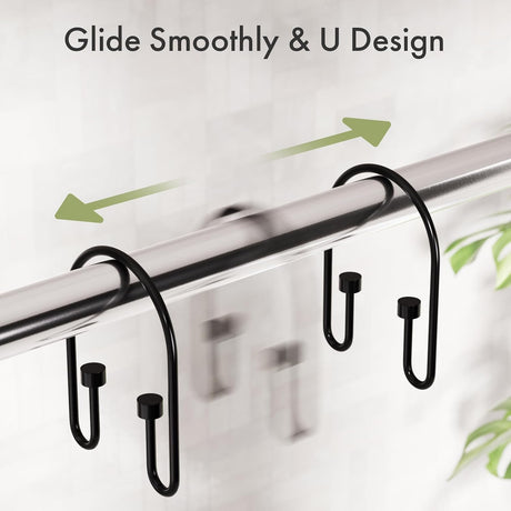 AmazerBath U-Shaped Cylinder Shower Curtain Hooks, Set of 12 in Black, product detail image.