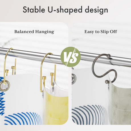 AmazerBath U-Shaped Cylinder Shower Curtain Hooks, Set of 12 in Gold, product detail image.