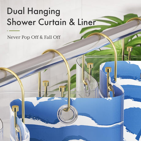 AmazerBath U-Shaped Cylinder Shower Curtain Hooks, Set of 12 in Gold, product detail image.