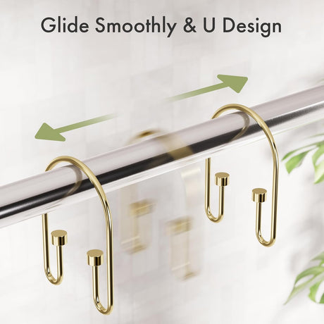 AmazerBath U-Shaped Cylinder Shower Curtain Hooks, Set of 12 in Gold, product detail image.