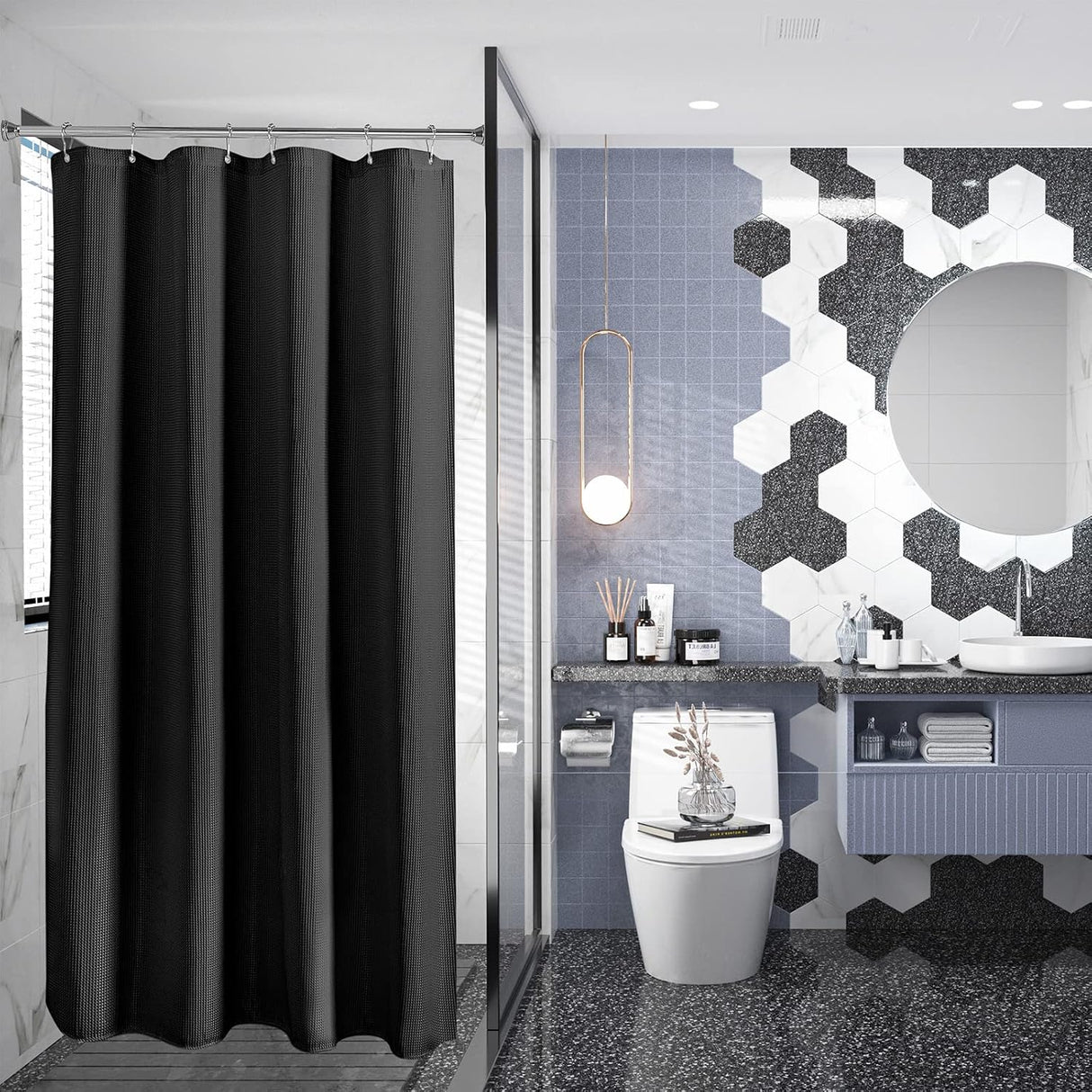 AmazerBath Waffle Shower Curtain, 240 GSM Hotel Style in Black, shown as the main product image for bathroom use.