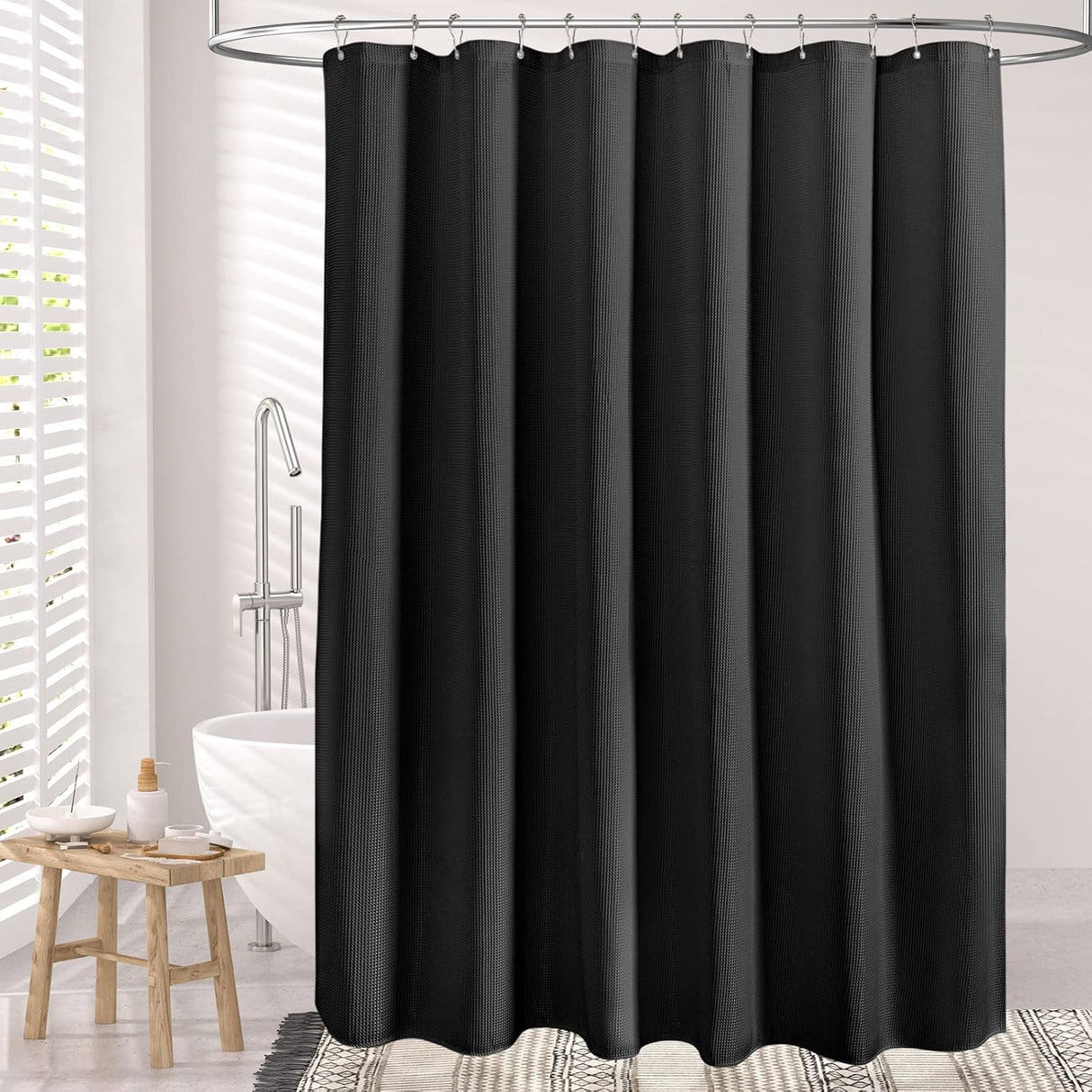 AmazerBath Waffle Shower Curtain, 240 GSM Hotel Style in Black, shown as the main product image for bathroom use.