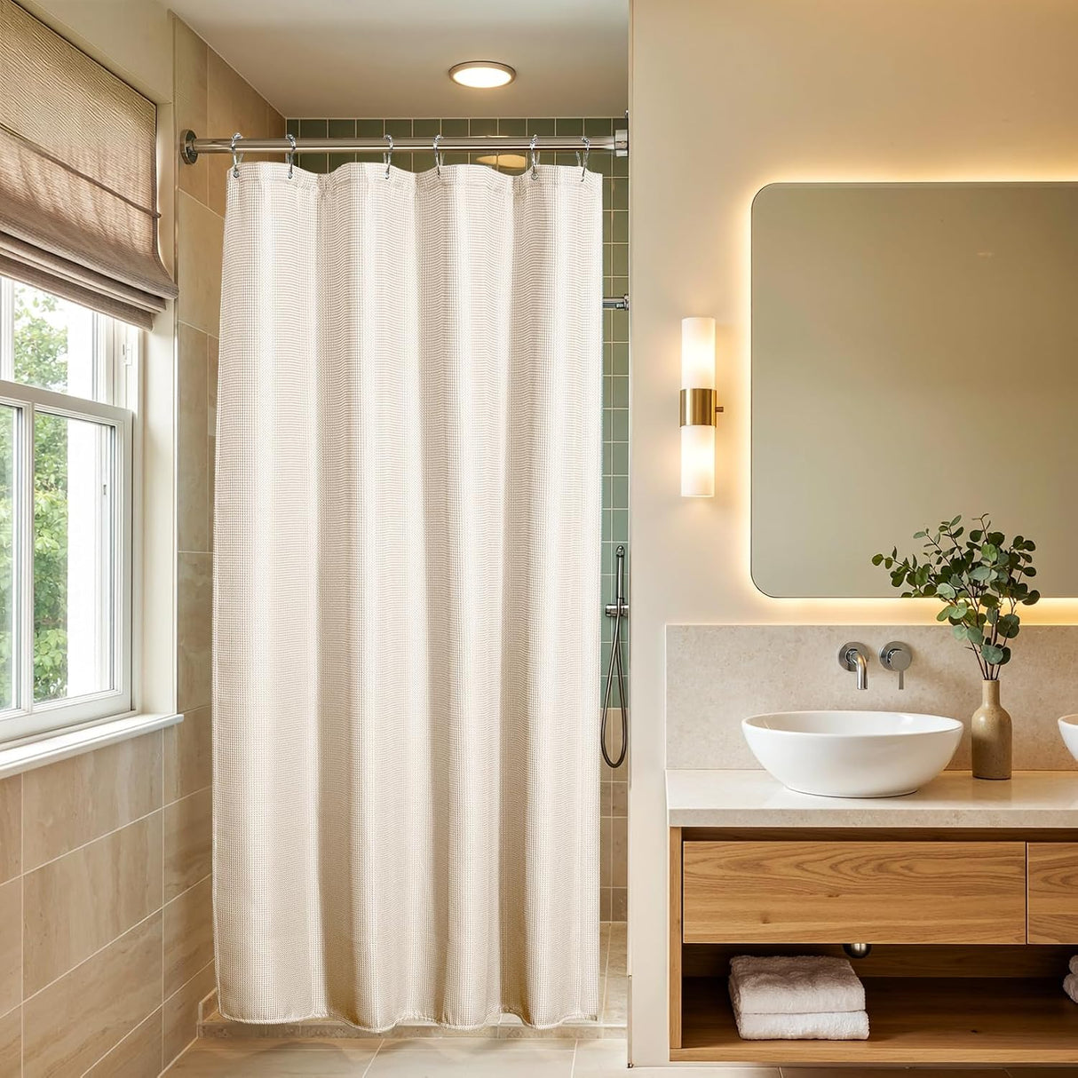 AmazerBath Waffle Shower Curtain, 240 GSM Hotel Style in Cream, shown as the main product image for bathroom use.