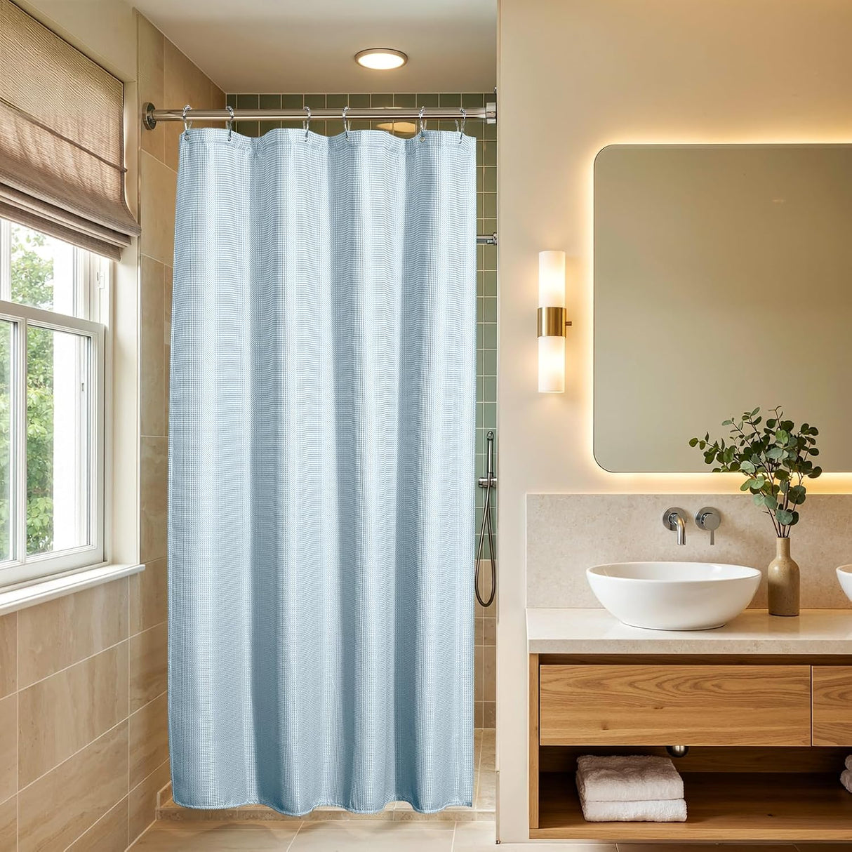 AmazerBath Waffle Shower Curtain, 240 GSM Hotel Style in Fog Blue, shown as the main product image for bathroom use.