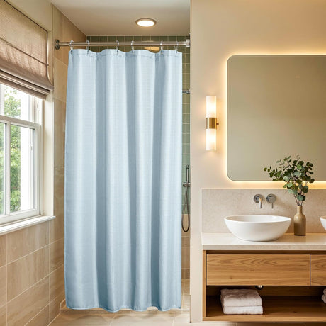 AmazerBath Waffle Shower Curtain, 240 GSM Hotel Style in Fog Blue, shown as the main product image for bathroom use.