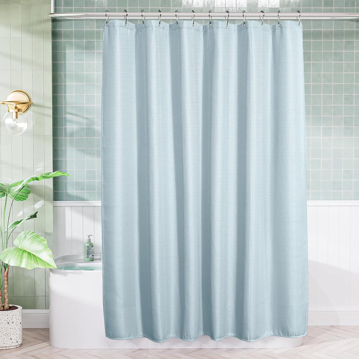 AmazerBath Waffle Shower Curtain, 240 GSM Hotel Style in Fog Blue, shown as the main product image for bathroom use.