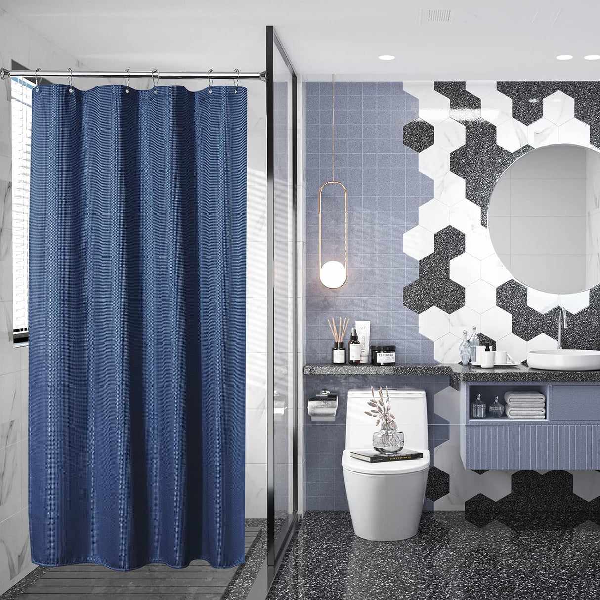 AmazerBath Waffle Shower Curtain, 240 GSM Hotel Style in Navy Blue, shown as the main product image for bathroom use.