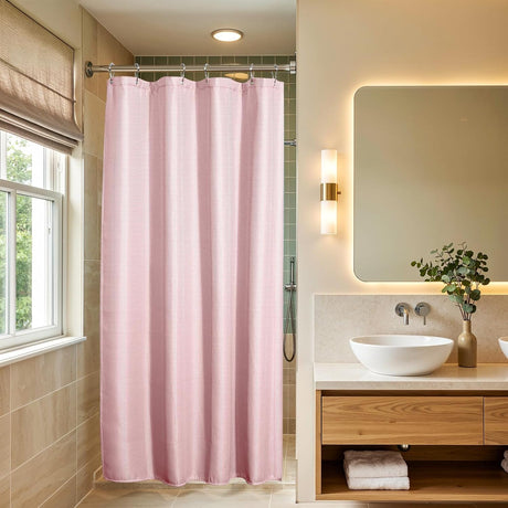 AmazerBath Waffle Shower Curtain, 240 GSM Hotel Style in Pink, shown as the main product image for bathroom use.