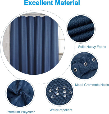 Waffle Shower Curtain in blue with included hooks and rust-resistant grommets.