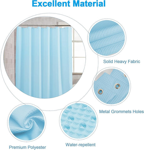 Waffle Shower Curtain in blue with included hooks and rust-resistant grommets.