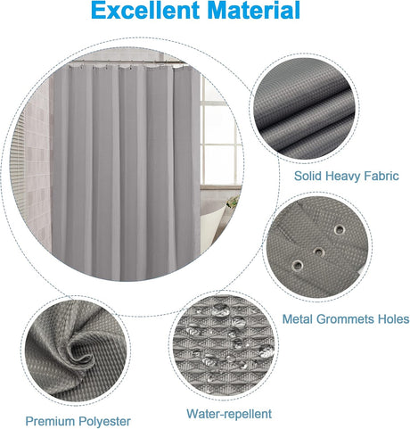 Waffle Shower Curtain in grey with included hooks and rust-resistant grommets.
