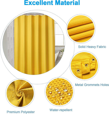 Waffle Shower Curtain in yellow with included hooks and rust-resistant grommets.