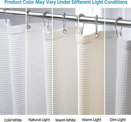 Waffle Shower Curtain in white shown under warm, natural, cool, and dim lighting.