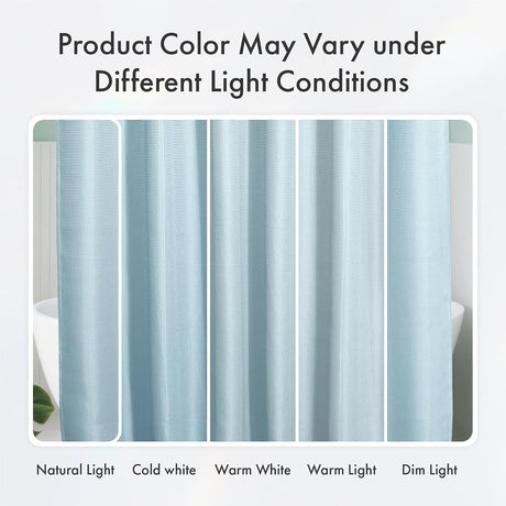 Waffle Shower Curtain in blue shown under warm, natural, cool, and dim lighting.