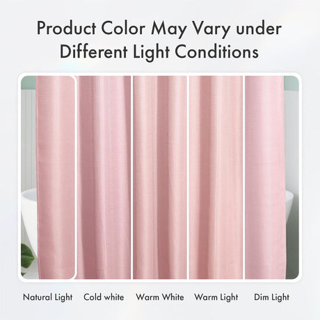 Waffle Shower Curtain in pink shown under warm, natural, cool, and dim lighting.
