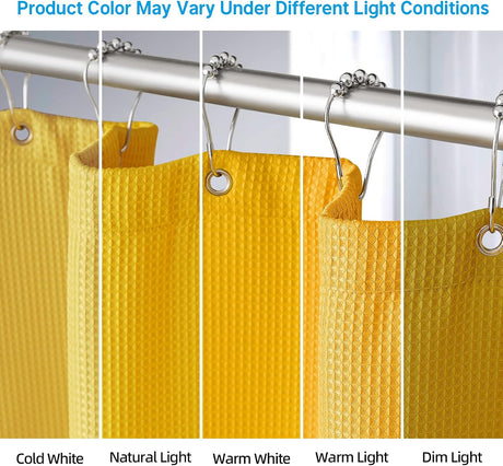 Waffle Shower Curtain in yellow shown under warm, natural, cool, and dim lighting.