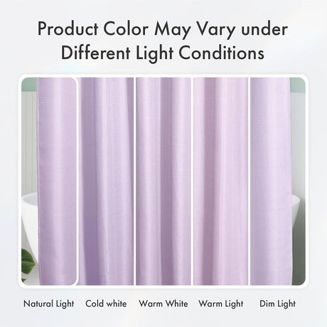 Waffle Shower Curtain in lavender shown under warm, natural, cool, and dim lighting.