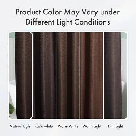 Waffle Shower Curtain in brown shown under warm, natural, cool, and dim lighting.