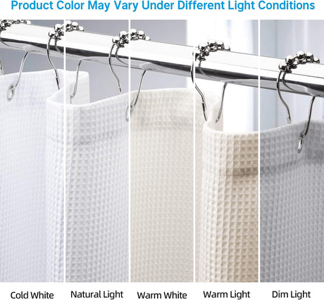Waffle Shower Curtain in shiny white shown under warm, natural, cool, and dim lighting.