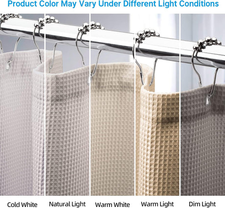 Waffle Shower Curtain shown under warm, natural, cool, and dim lighting.