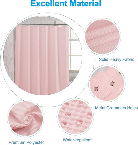 Waffle Shower Curtain in pink with included hooks and rust-resistant grommets.