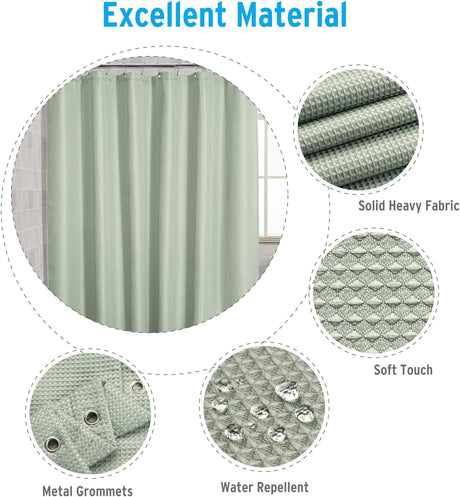 Waffle Shower Curtain in sage green with included hooks and rust-resistant grommets.