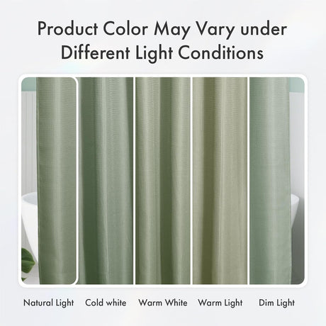 Waffle Shower Curtain in sage green shown under warm, natural, cool, and dim lighting.