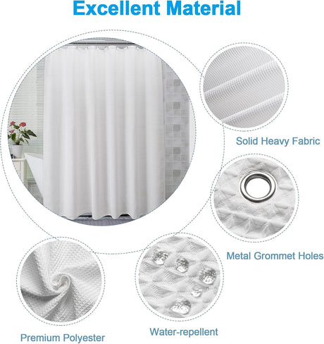 Waffle Shower Curtain in white with included hooks and rust-resistant grommets.