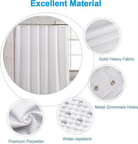 Waffle Shower Curtain in shiny white with included hooks and rust-resistant grommets.