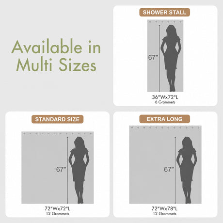 AmazerBath Sage Green 240 GSM waffle shower curtain size guide showing shower stall, standard, and extra long size options.