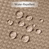 Water droplets beading on the water-repellent fabric of the AmazerBath taupe waffle shower curtain.