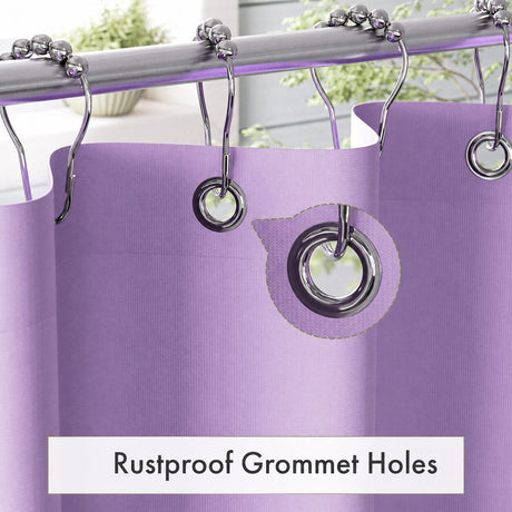 Lavender AmazerBath waterproof fabric shower curtain liner showing reinforced rustproof metal grommet holes.
