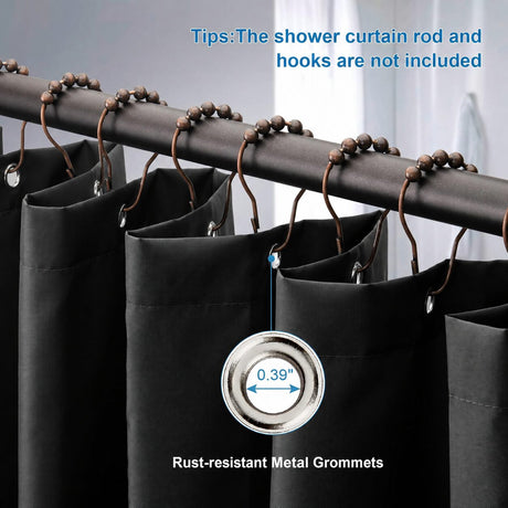 Black AmazerBath waterproof fabric shower curtain liner showing rust-resistant metal grommets and 0.39-inch holes.
