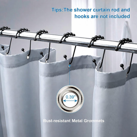 Blue Grey AmazerBath waterproof fabric shower curtain liner showing rust-resistant metal grommets and 0.39-inch holes.