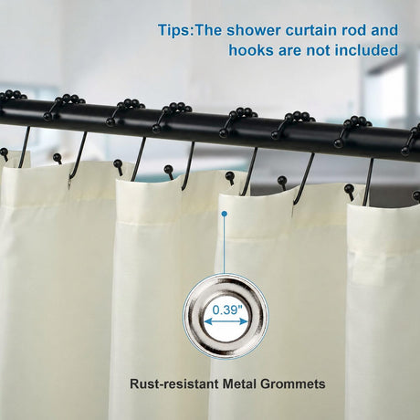 Ivory AmazerBath waterproof fabric shower curtain liner showing rust-resistant metal grommets and 0.39-inch holes.