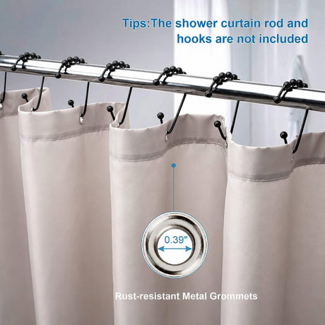 Khaki AmazerBath waterproof fabric shower curtain liner showing rust-resistant metal grommets and 0.39-inch holes.