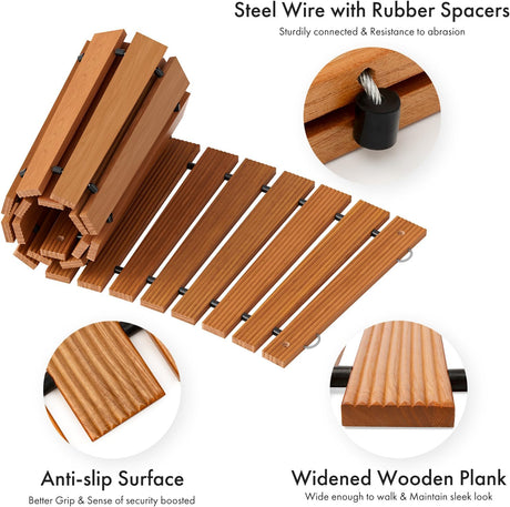 Non-slip surface, suction cups, and drainage details on the Wooden Garden Pathway, Curved Walkway in natural.