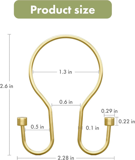 AmazerBath Gold Cap End anti-drop double shower curtain hook diagram showing its 2.6-inch height, 2.28-inch width, and cap measurements.
