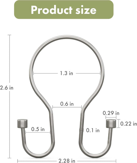 AmazerBath Nickel Cap End anti-drop double shower curtain hook diagram showing its 2.6-inch height, 2.28-inch width, and cap measurements.
