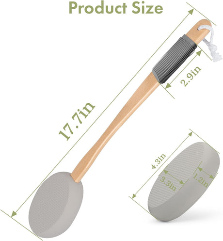 AmazerBath Grey back lotion applicator shown with a 17.7-inch length and oval pad dimensions for extended reach.