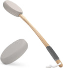 AmazerBath Grey back lotion applicator with a long bamboo handle, textured EVA pad, non-slip grip, and hanging loop.