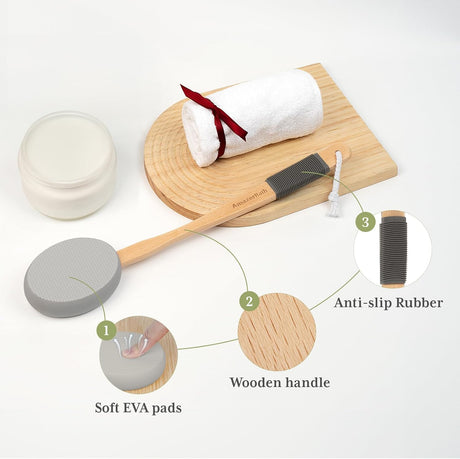 AmazerBath Grey back lotion applicator highlighting the soft EVA pad, bamboo handle, and ribbed non-slip grip.