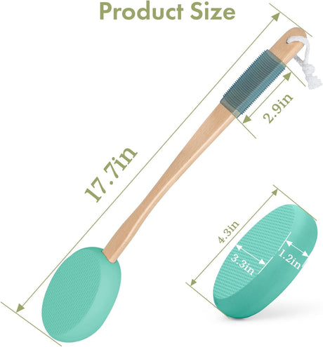AmazerBath Lime back lotion applicator shown with a 17.7-inch length and oval pad dimensions for extended reach.